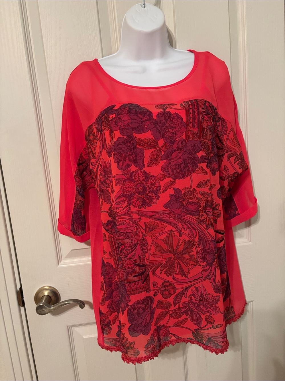 Soft Surroundings Sheer Red Floral Scoop-Neck Blouse